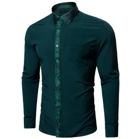 Barry.wang Button Down Shirt Dark Green Splicing Men's Dress Shirt Formal Business