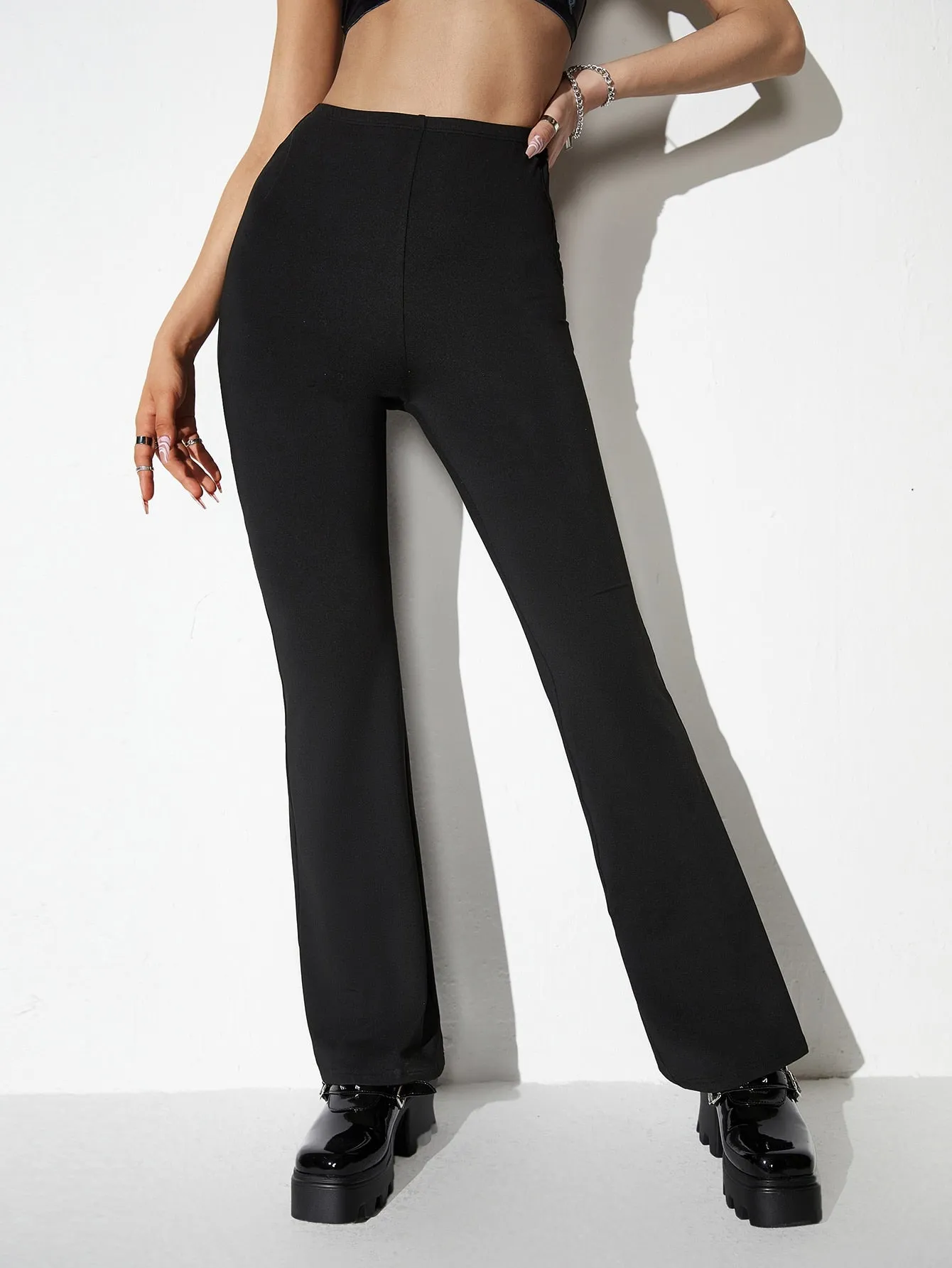 Black Cut-out Side High Elastic Waist Flare Pants