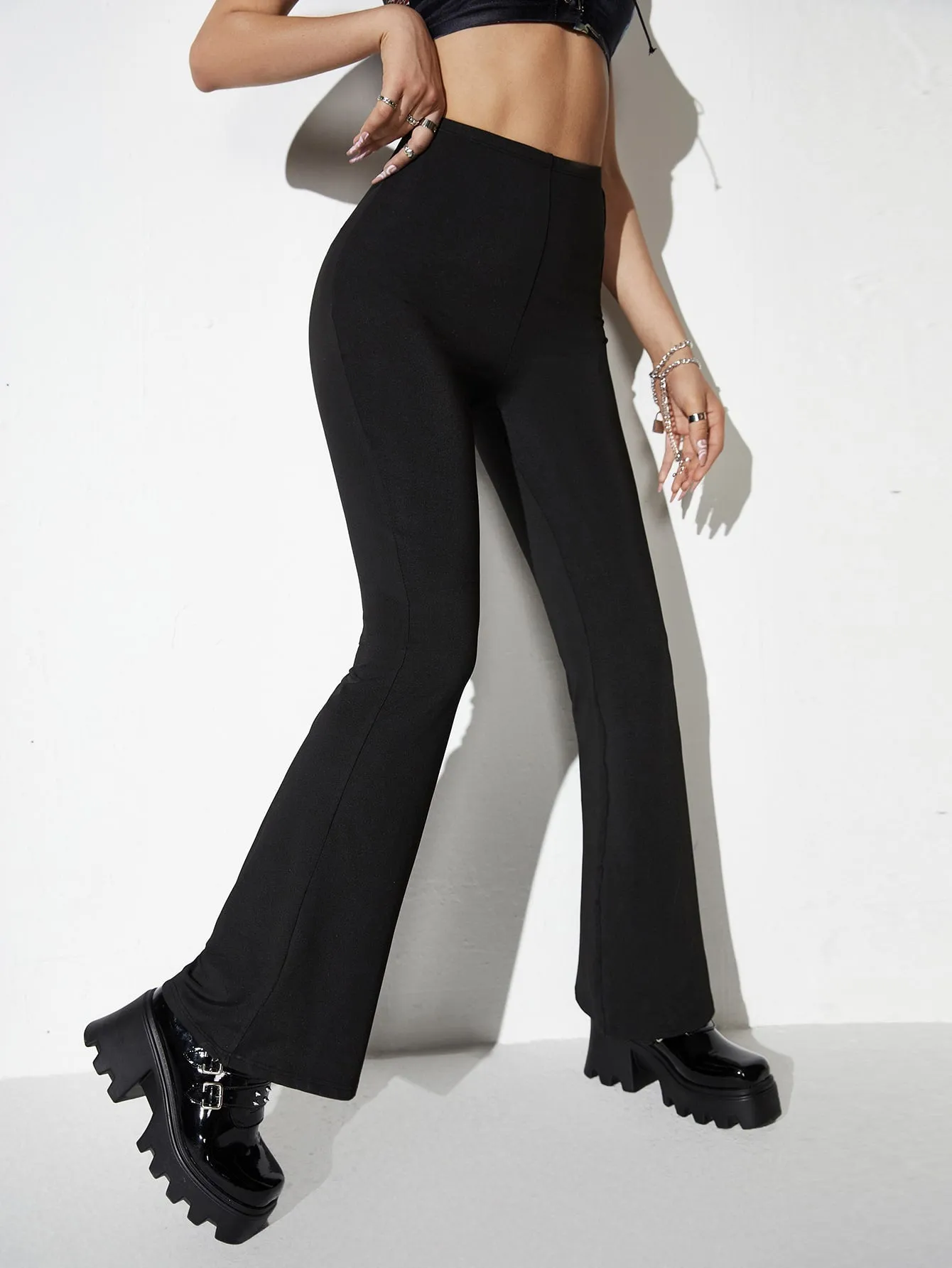 Black Cut-out Side High Elastic Waist Flare Pants