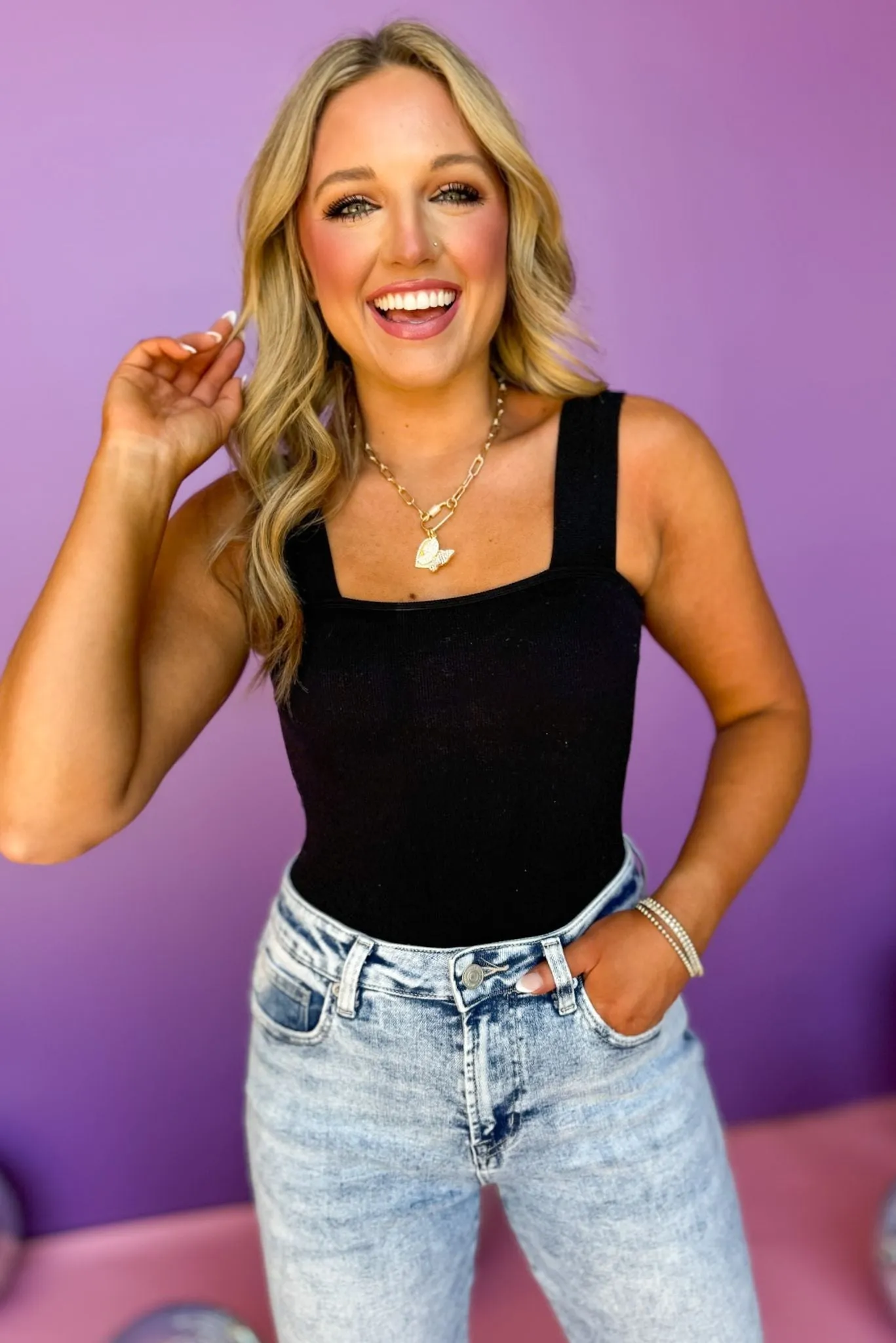Black Thick Strap Square Neck Bodysuit