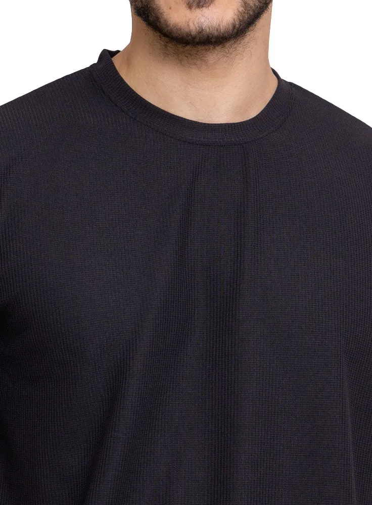 Black Waffle Over Size Round T-Shirt
