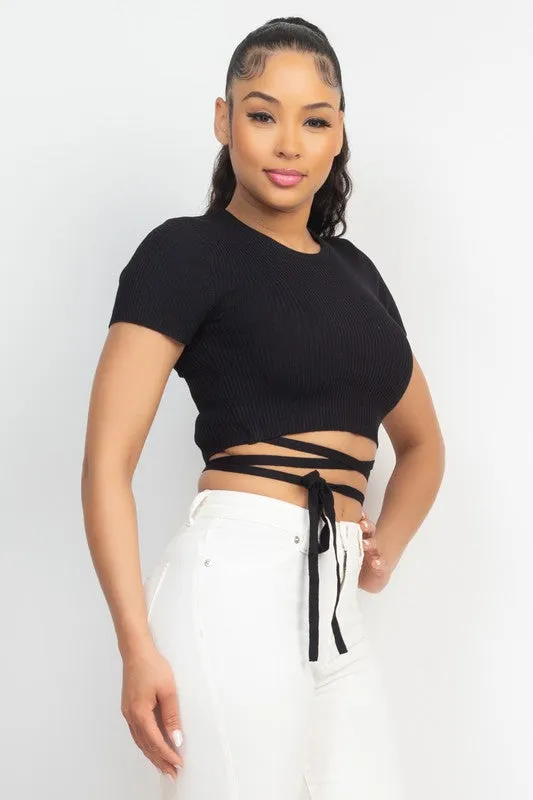 Black Waist Tied Ribbon Top