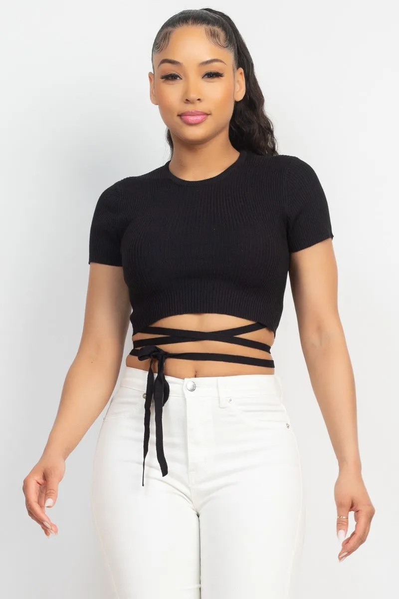 Black Waist Tied Ribbon Top
