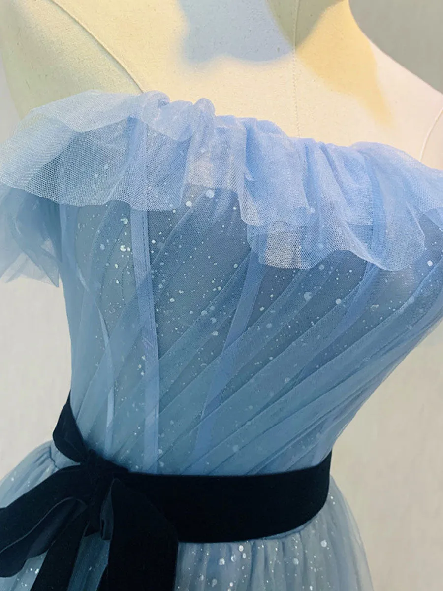 Blue Tulle Sequin Long Prom Dress, Blue Tulle Formal Dress