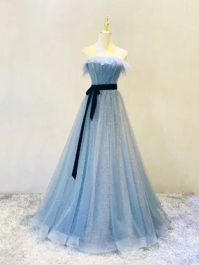 Blue Tulle Sequin Long Prom Dress, Blue Tulle Formal Dress