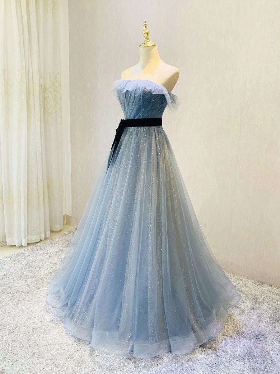 Blue Tulle Sequin Long Prom Dress, Blue Tulle Formal Dress