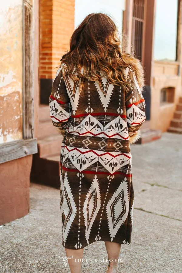 Brown Aztec Fur Collar Long Coat