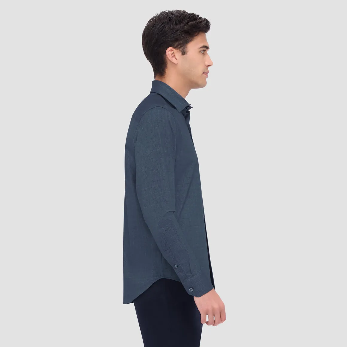 Bugatchi -  8 Way Stretch - Jimmy Double Sided Herringbone/Check OoohCotton® Shirt - Navy