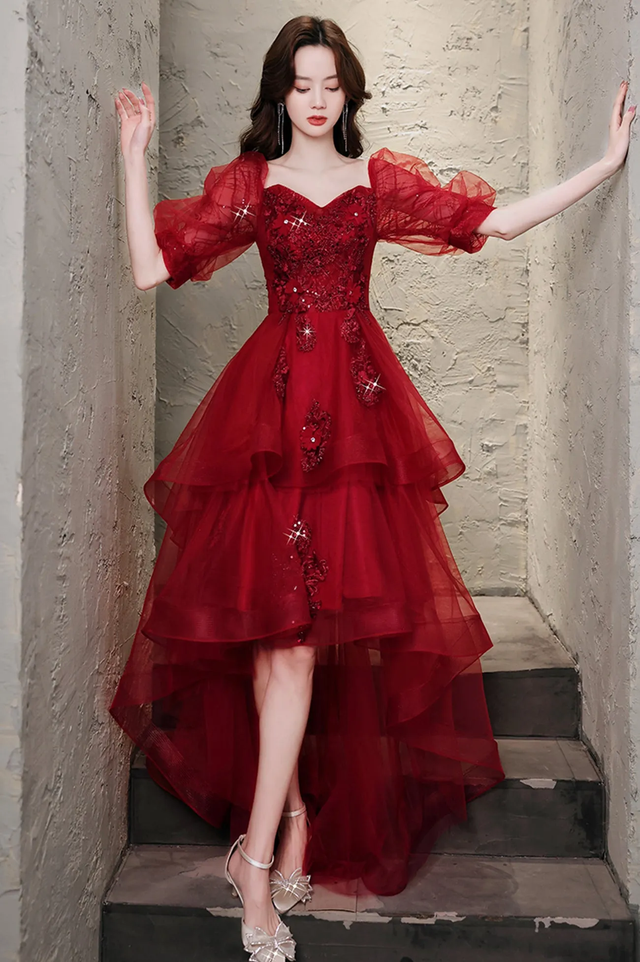 Burgundy Lace High Low Prom Dress, A-Line 1/2 Sleeve Evening Party Dress