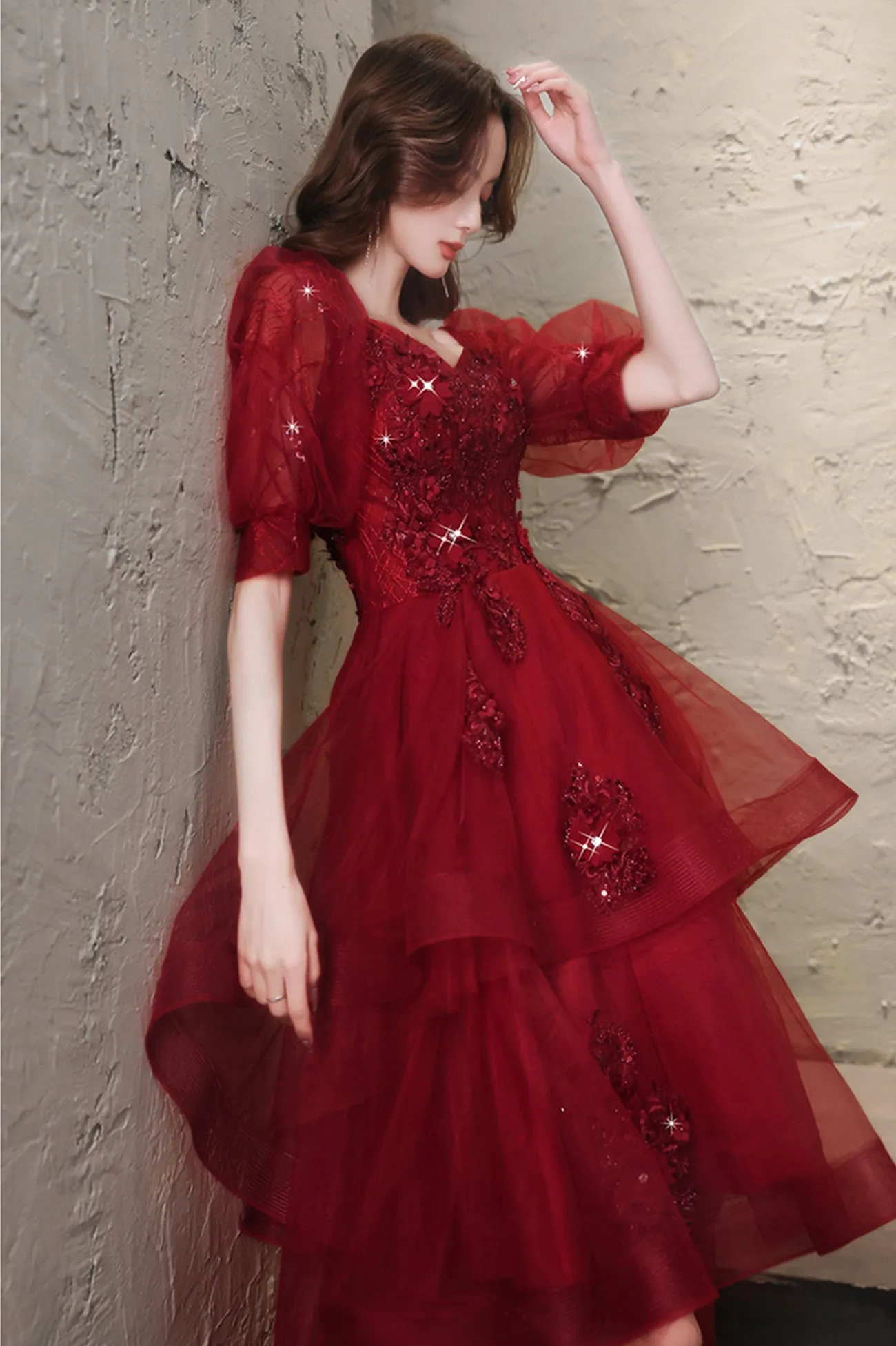 Burgundy Lace High Low Prom Dress, A-Line 1/2 Sleeve Evening Party Dress