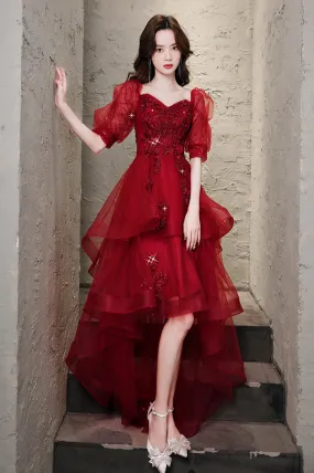 Burgundy Lace High Low Prom Dress, A-Line 1/2 Sleeve Evening Party Dress