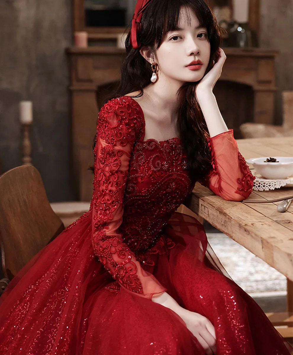 Burgundy tulle lace long prom dress, burgundy bridesmaid dress