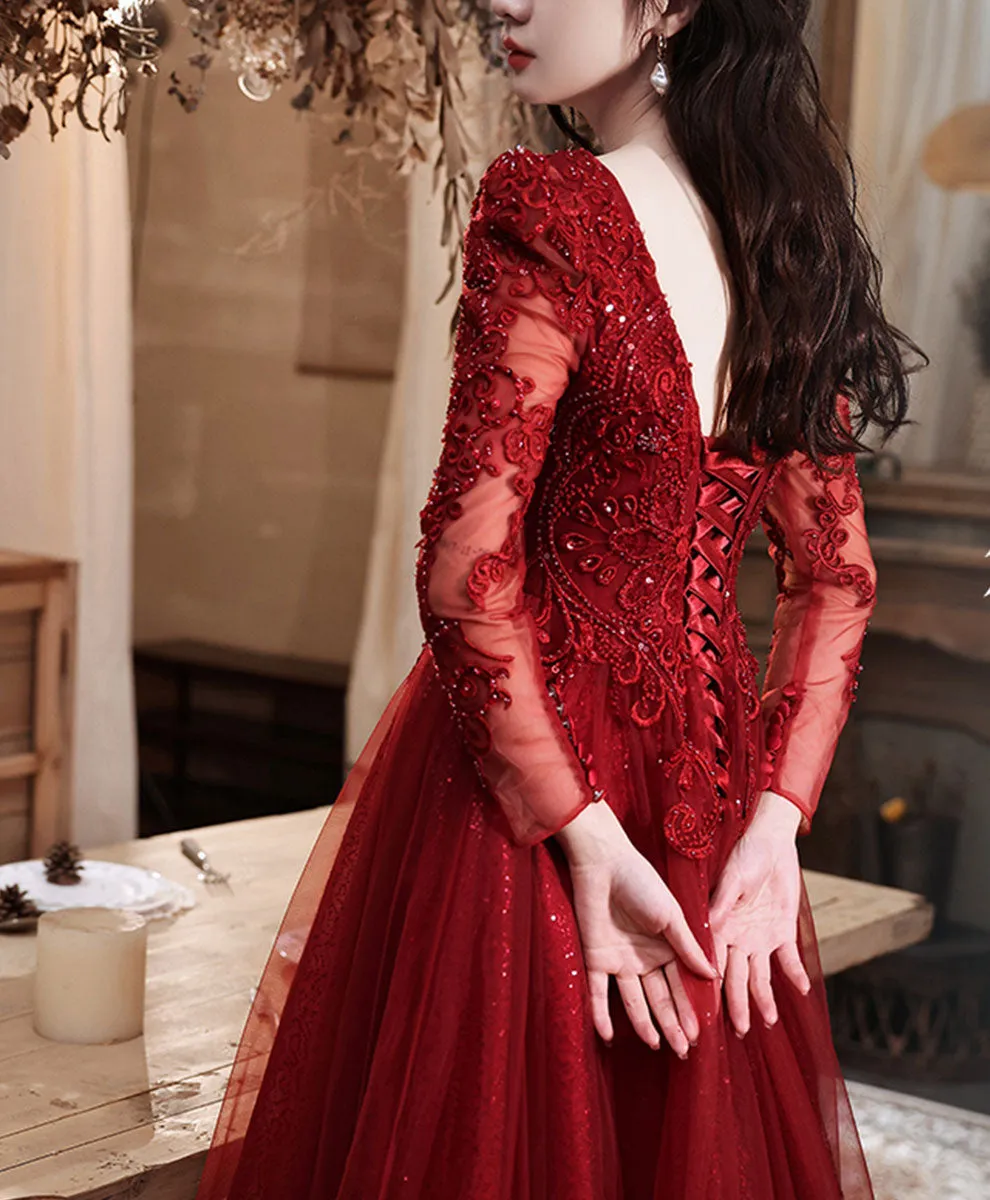 Burgundy tulle lace long prom dress, burgundy bridesmaid dress