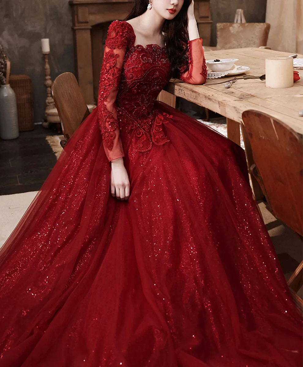 Burgundy tulle lace long prom dress, burgundy bridesmaid dress