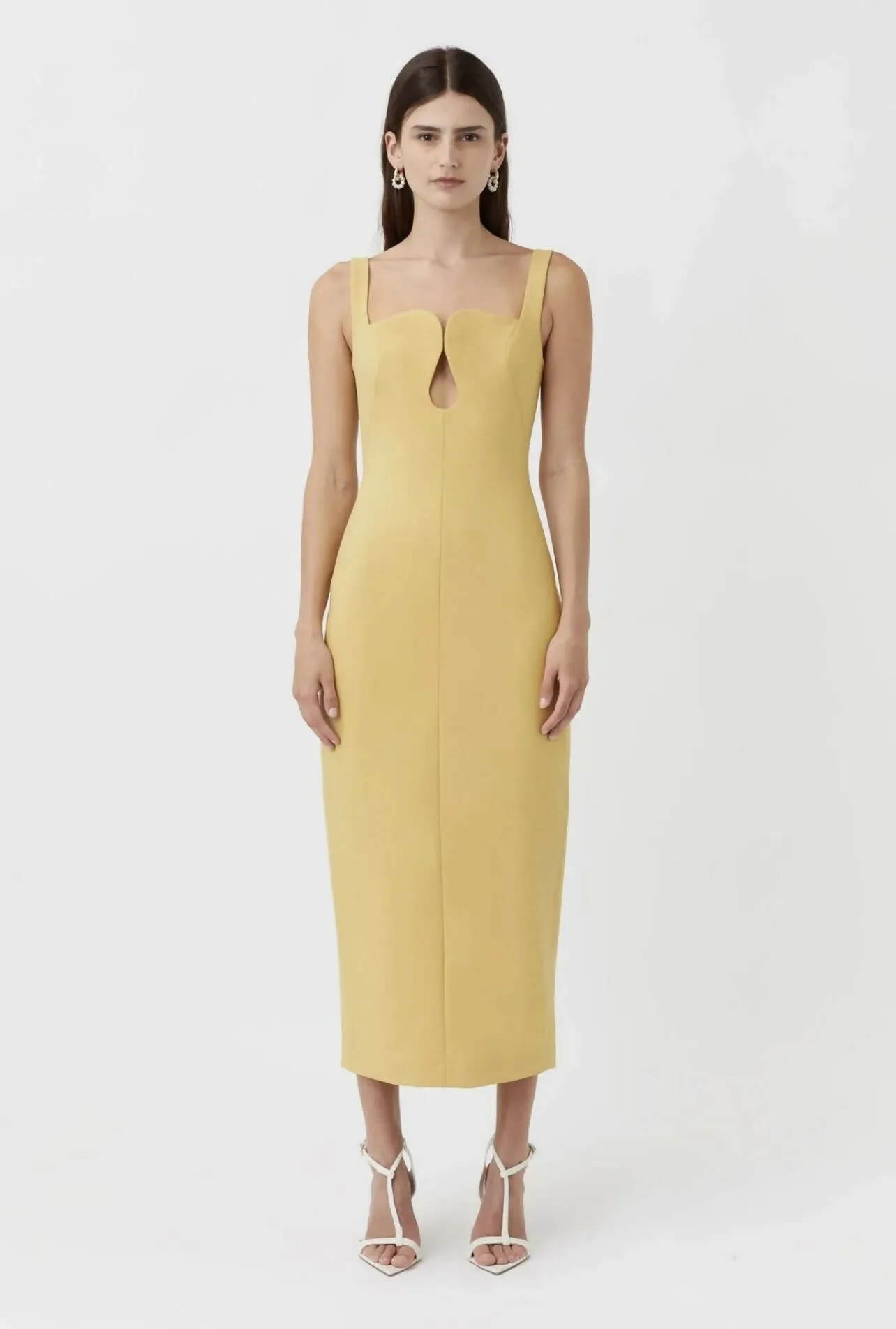 Camilla And Marc Brixton Cut Out Neckline Midi Dress in Mustard Yellow