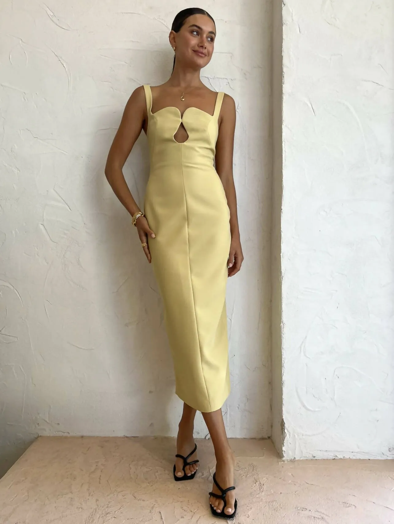 Camilla And Marc Brixton Cut Out Neckline Midi Dress in Mustard Yellow
