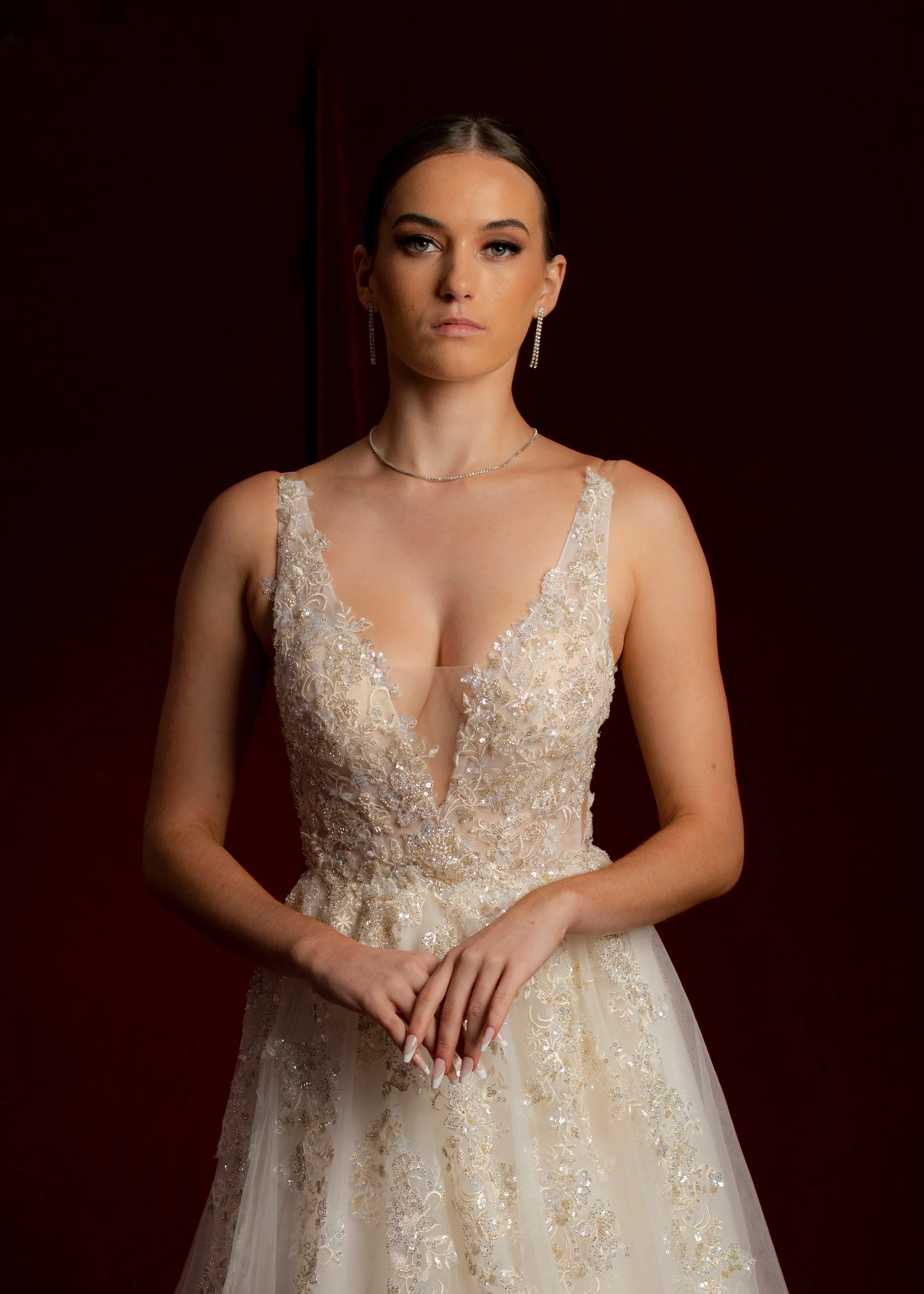 Champagne v-neck beaded lace princess dress
