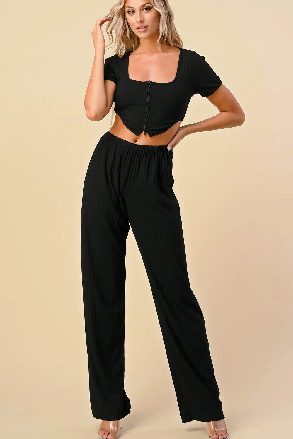 CHIC N COMFY ZIPPER RIBBED TOP AND PANTS SET