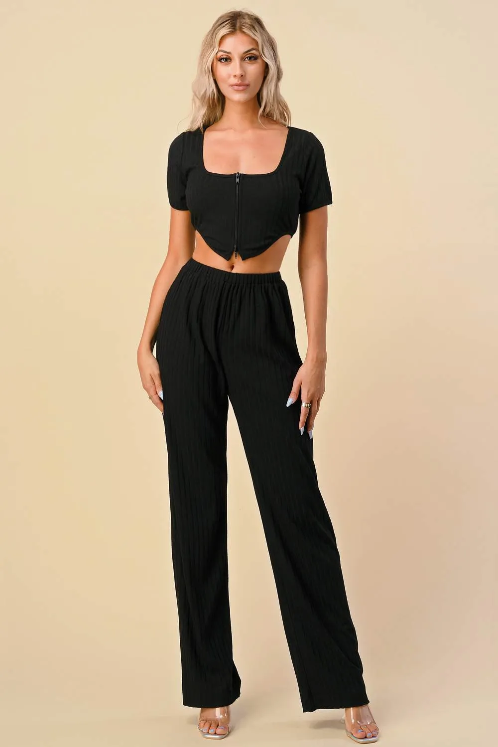 CHIC N COMFY ZIPPER RIBBED TOP AND PANTS SET