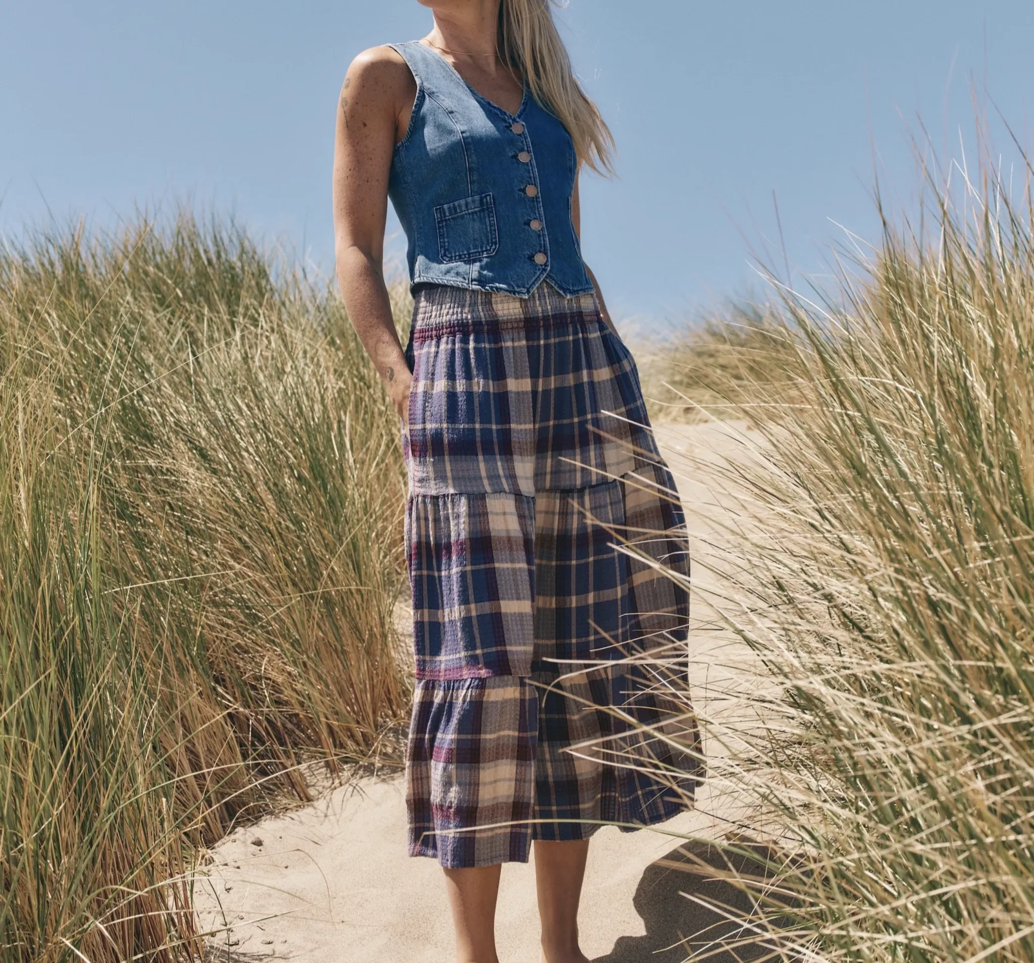 Chloe Smocked Maxi Skirt - Parchment/Black Windowpane