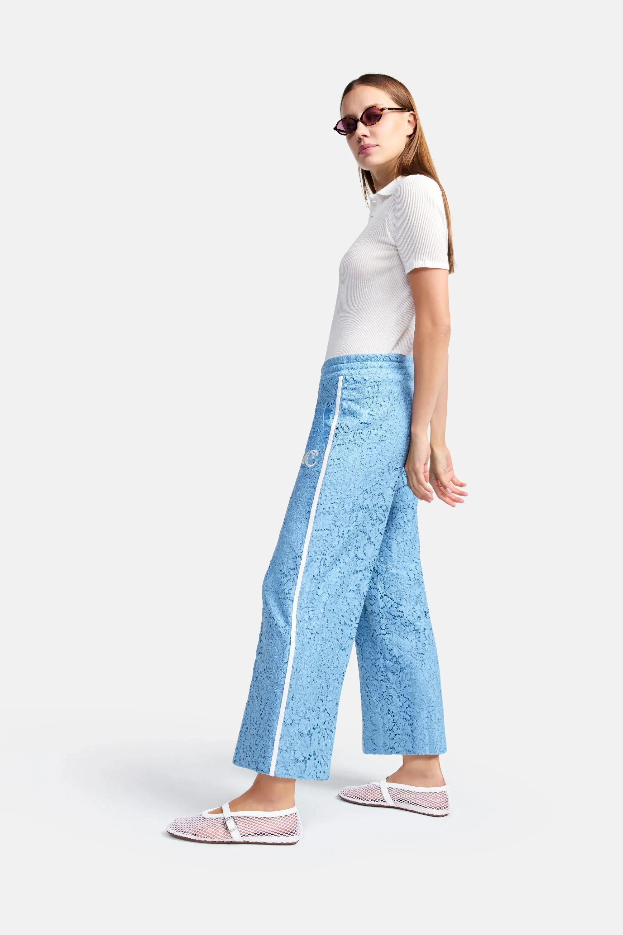 Clara Wide Leg Cropped Lace Pant - Sky Blue