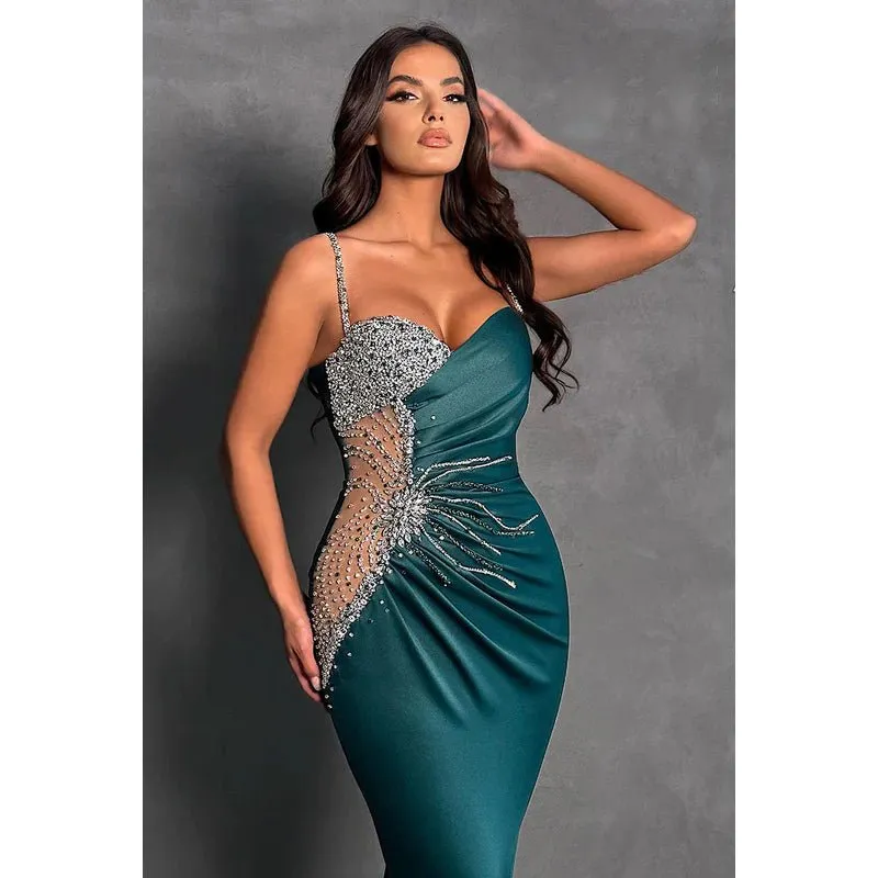 Couture & Ornate Spaghetti Straps V neck Trumpet Evening Prom Dress