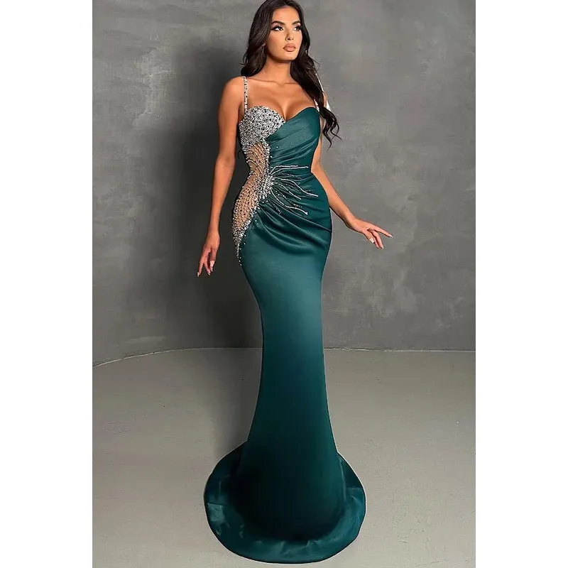 Couture & Ornate Spaghetti Straps V neck Trumpet Evening Prom Dress