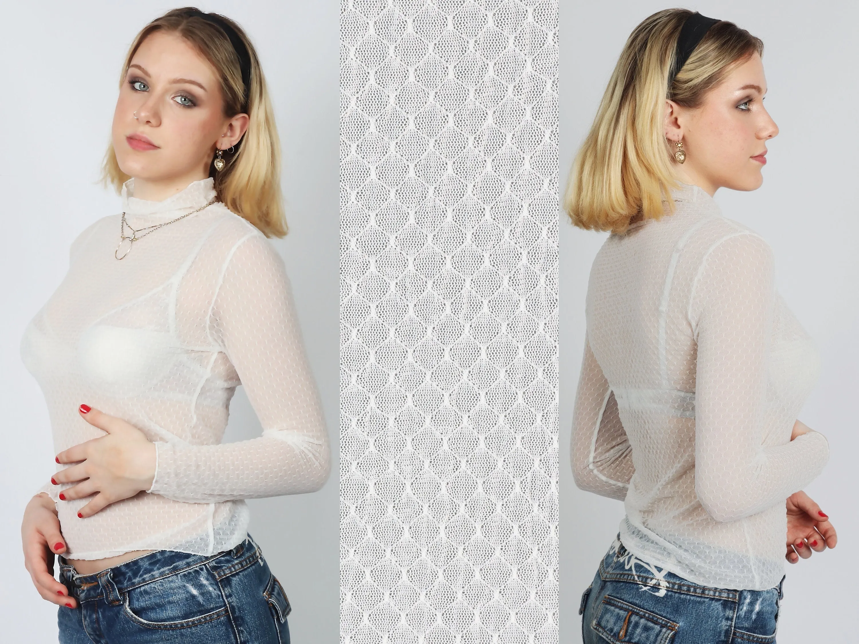 Delicate Diamond Weave White Mock Neck Top