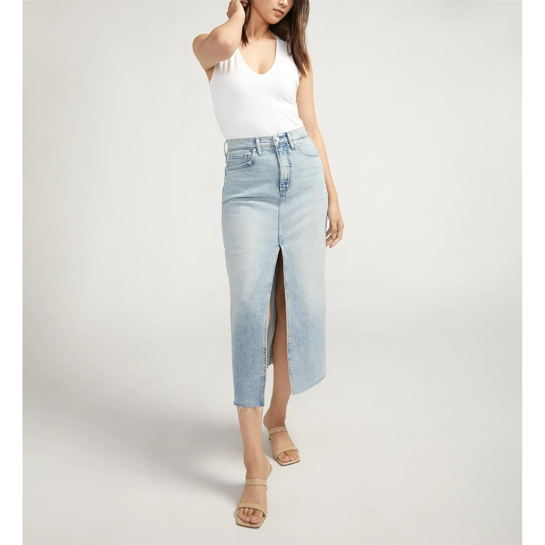 Denim Midi Skirt - Silver