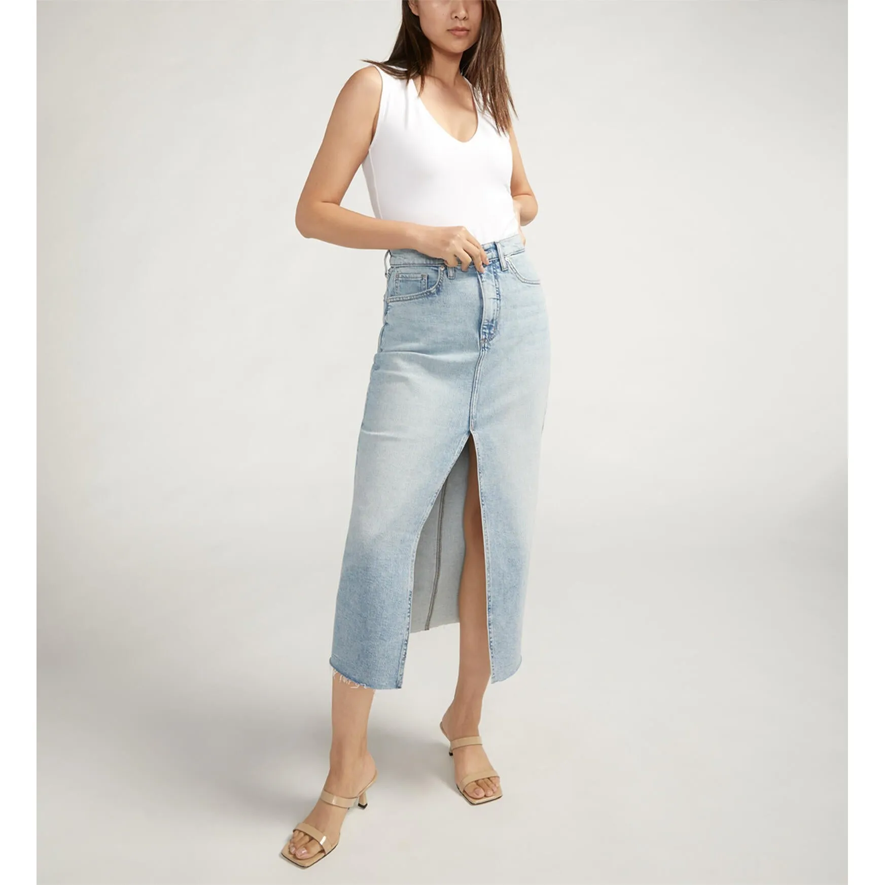 Denim Midi Skirt - Silver