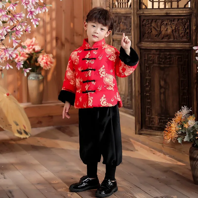 Dragon Pattern Brocade Fur Edge Tradtional Chinese Style Boy's Wadded Suit