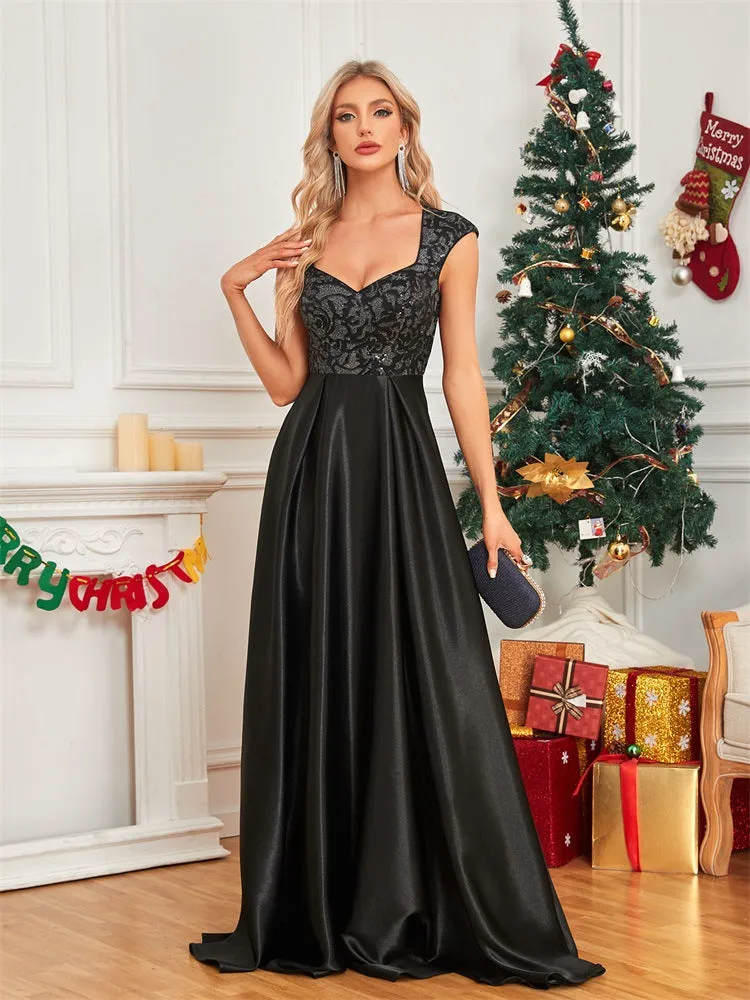 Elegant Cover Sleeve Black Satin Fishtail Evening Dress