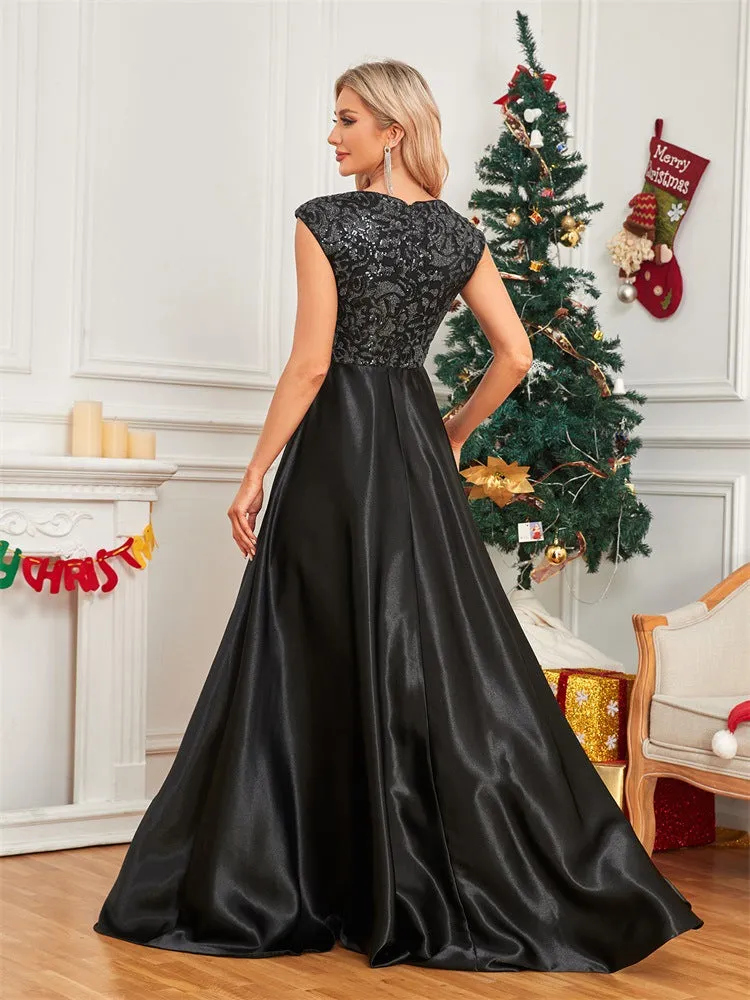 Elegant Cover Sleeve Black Satin Fishtail Evening Dress