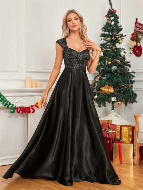 Elegant Cover Sleeve Black Satin Fishtail Evening Dress