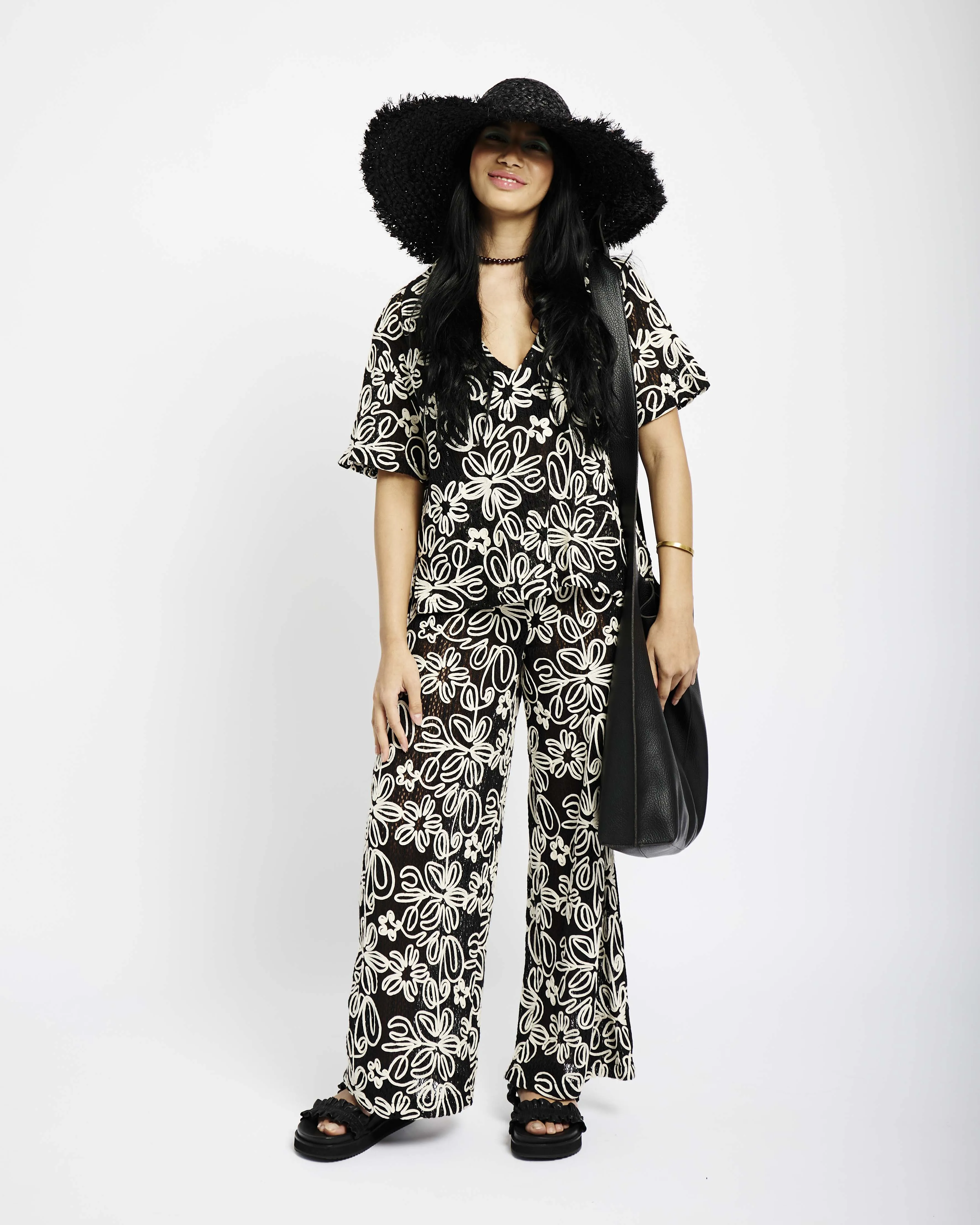 Embroided Crochet Tunic Top in Black and Cream