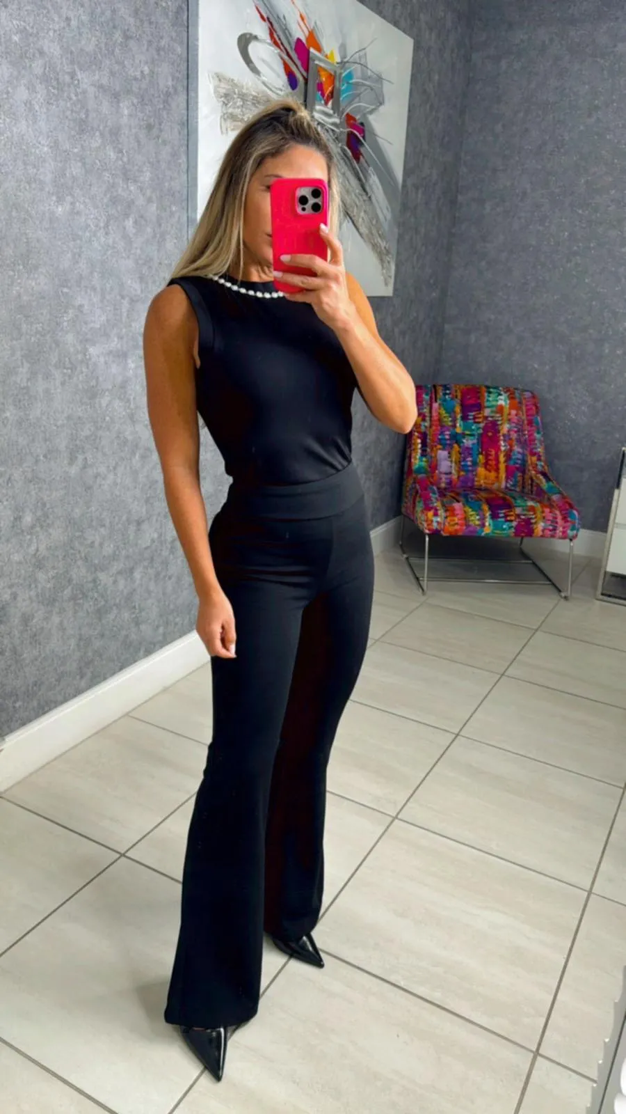 F300 Knit crepe high waist flare pants