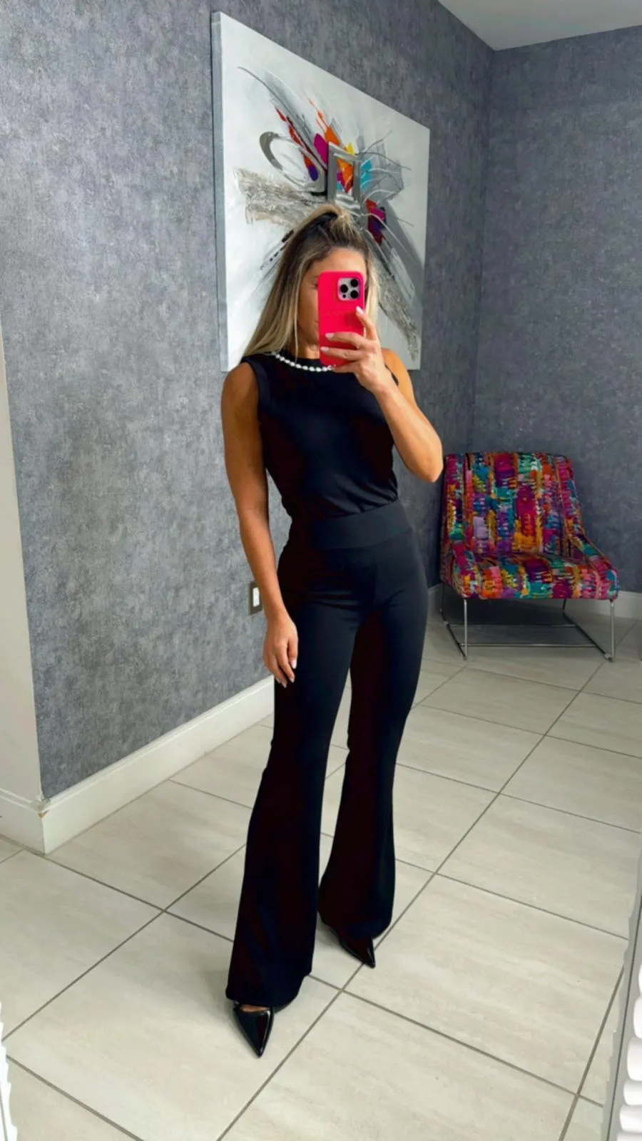 F300 Knit crepe high waist flare pants