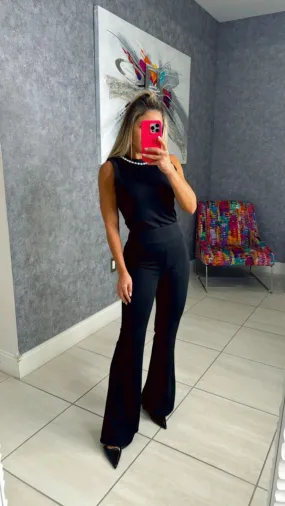 F300 Knit crepe high waist flare pants