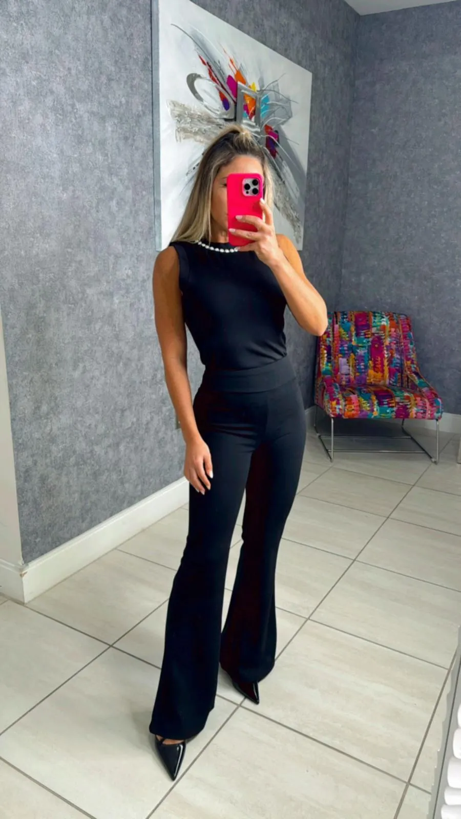 F300 Knit crepe high waist flare pants