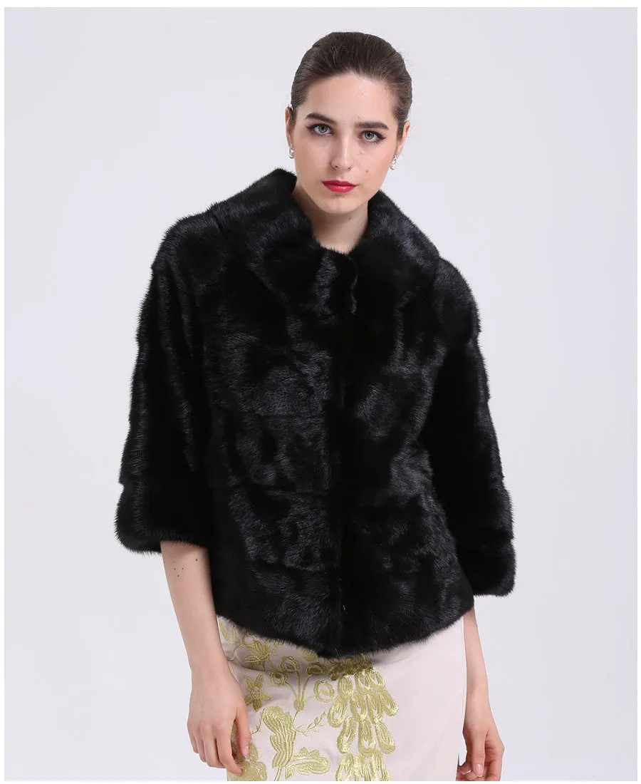 Genuine Mink Fur With Pocket Solid Black Jacket