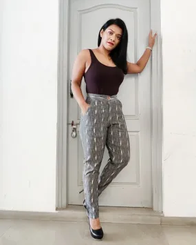 Grey Ikat Cotton High-Waist Slim Fit Pants