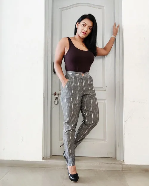 Grey Ikat Cotton High-Waist Slim Fit Pants