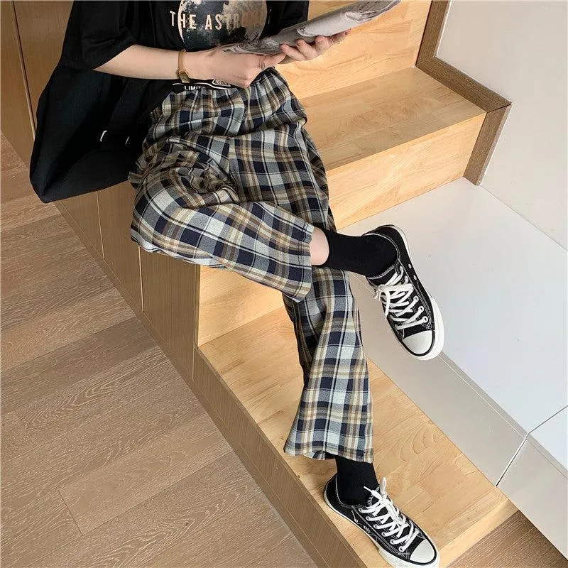 High waist plaid casual pants