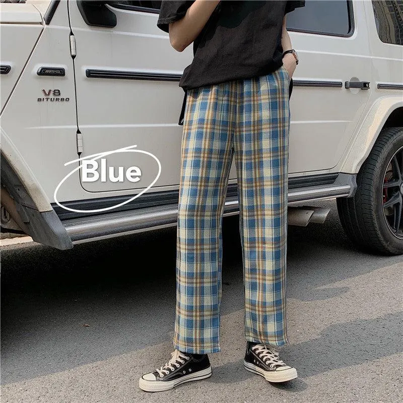 High waist plaid casual pants