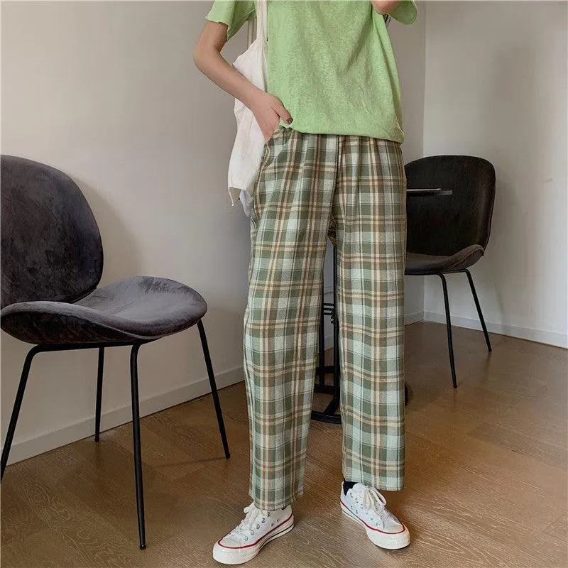 High waist plaid casual pants