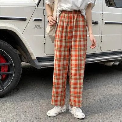 High waist plaid casual pants