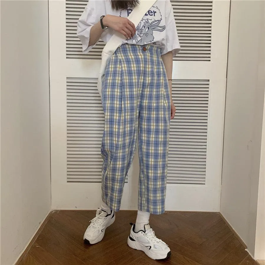 High waist plaid casual pants