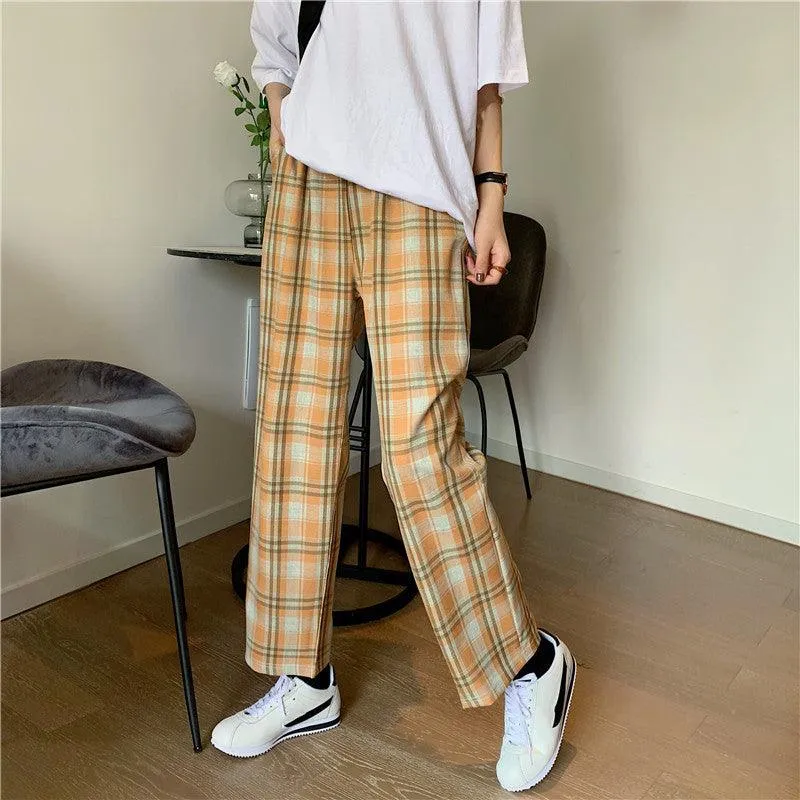 High waist plaid casual pants