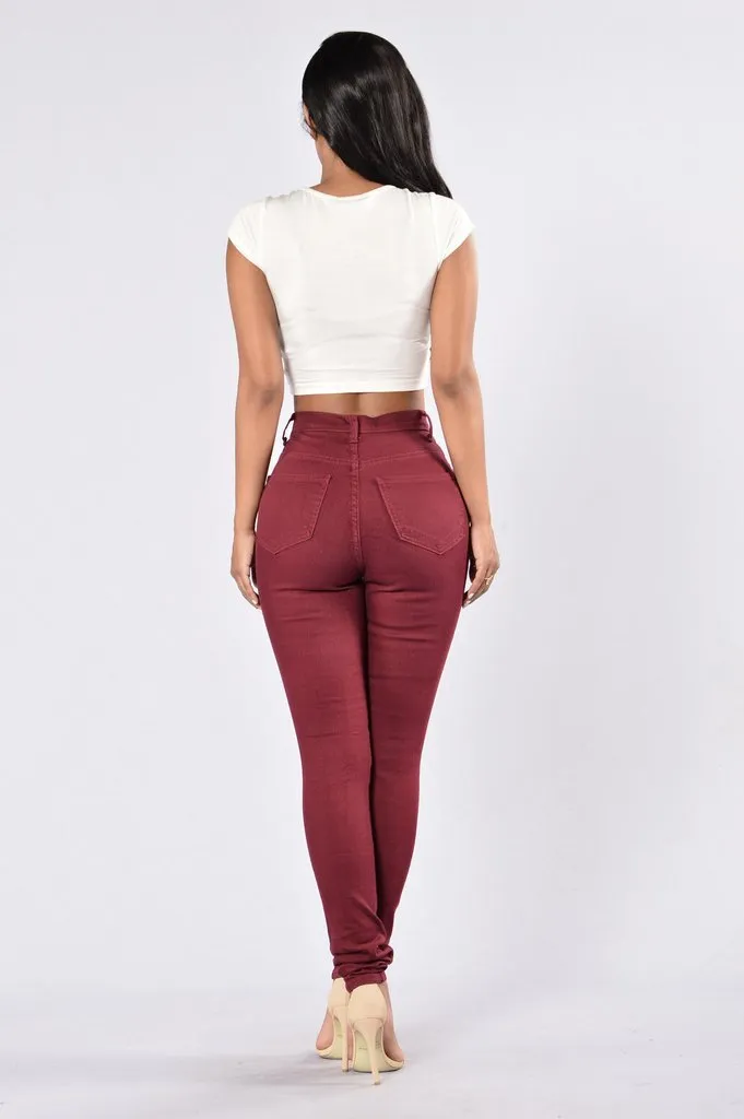 High Waist Pure Color Rips Slim Long Jeans