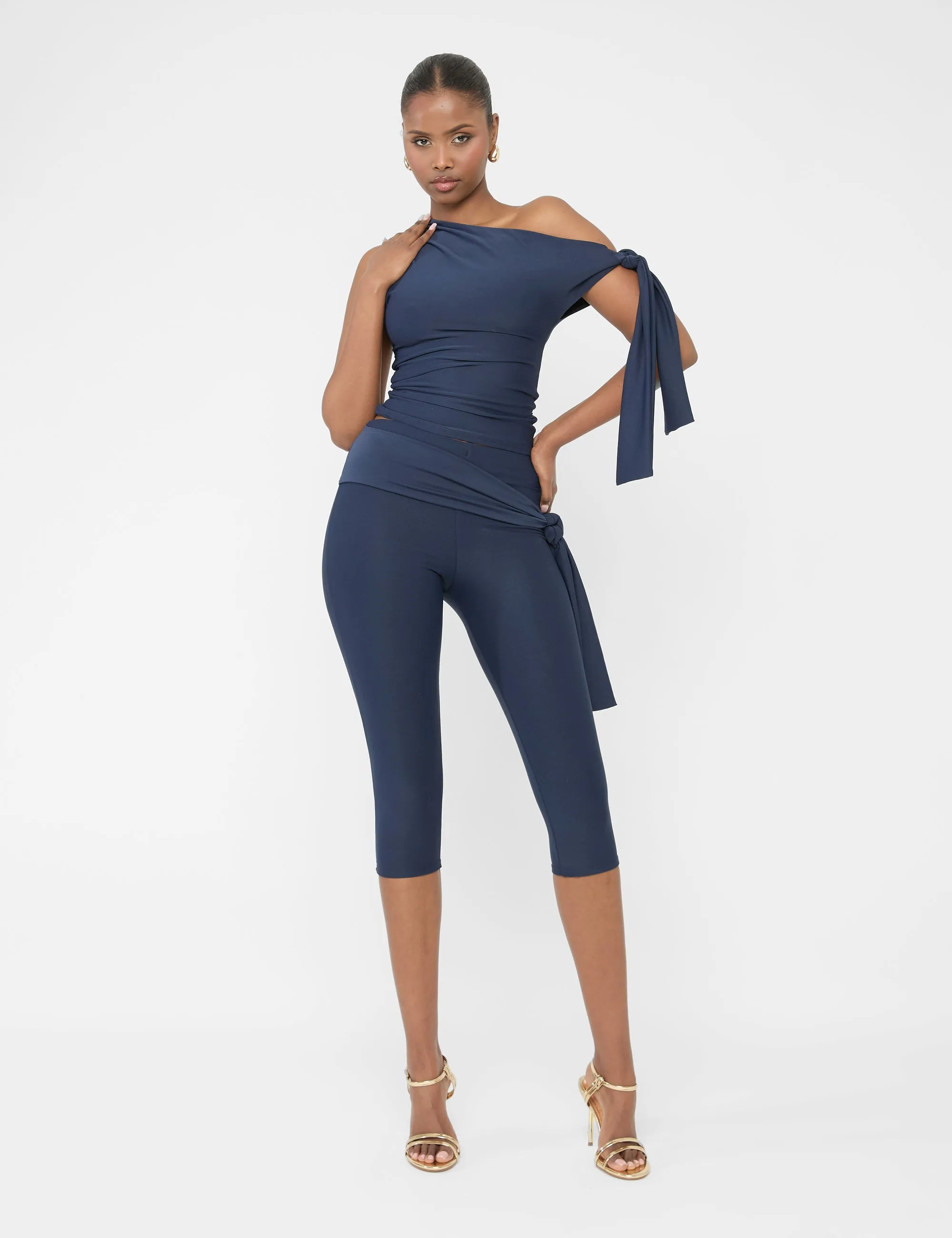 Knot Detail Tie Side Luxe Slinky Capri Pants Navy